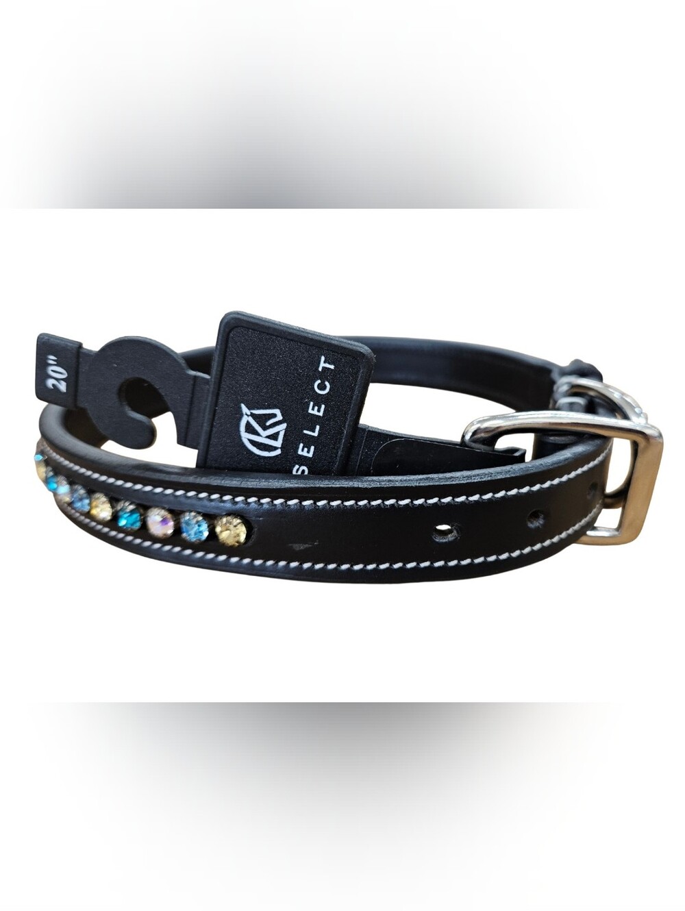 KL Select 20" Dog Collar Black Leather "Paradise" with Pastel Stones